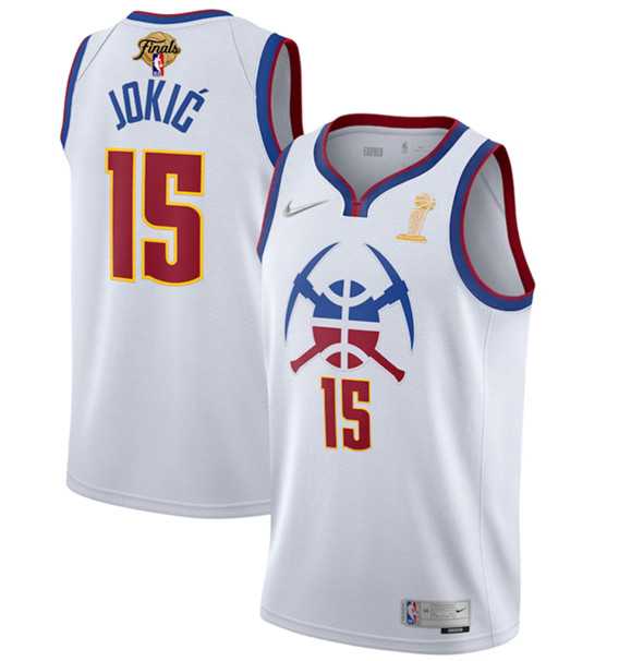 Mens Denver Nuggets #15 Nikola Jokic White 2023 Finals Champions Earned Edition Stitched Basketball Jersey